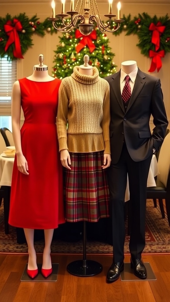 Elegant Christmas dinner outfits including a red dress, plaid skirt, and tailored suit on a festive dining table.